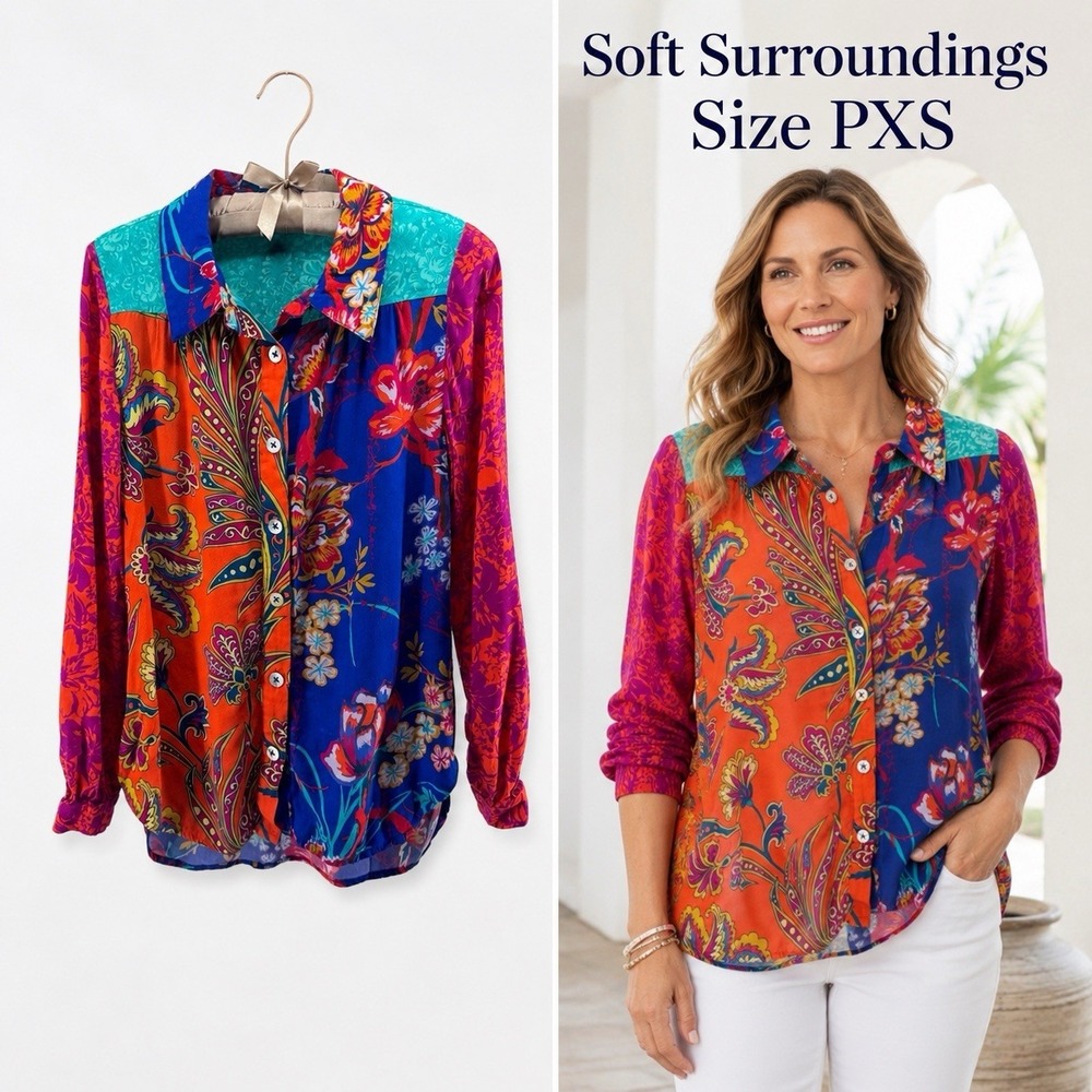 Soft Surroundings PXS Petite Patchwork Floral Paisley Button Blouse Embroidered